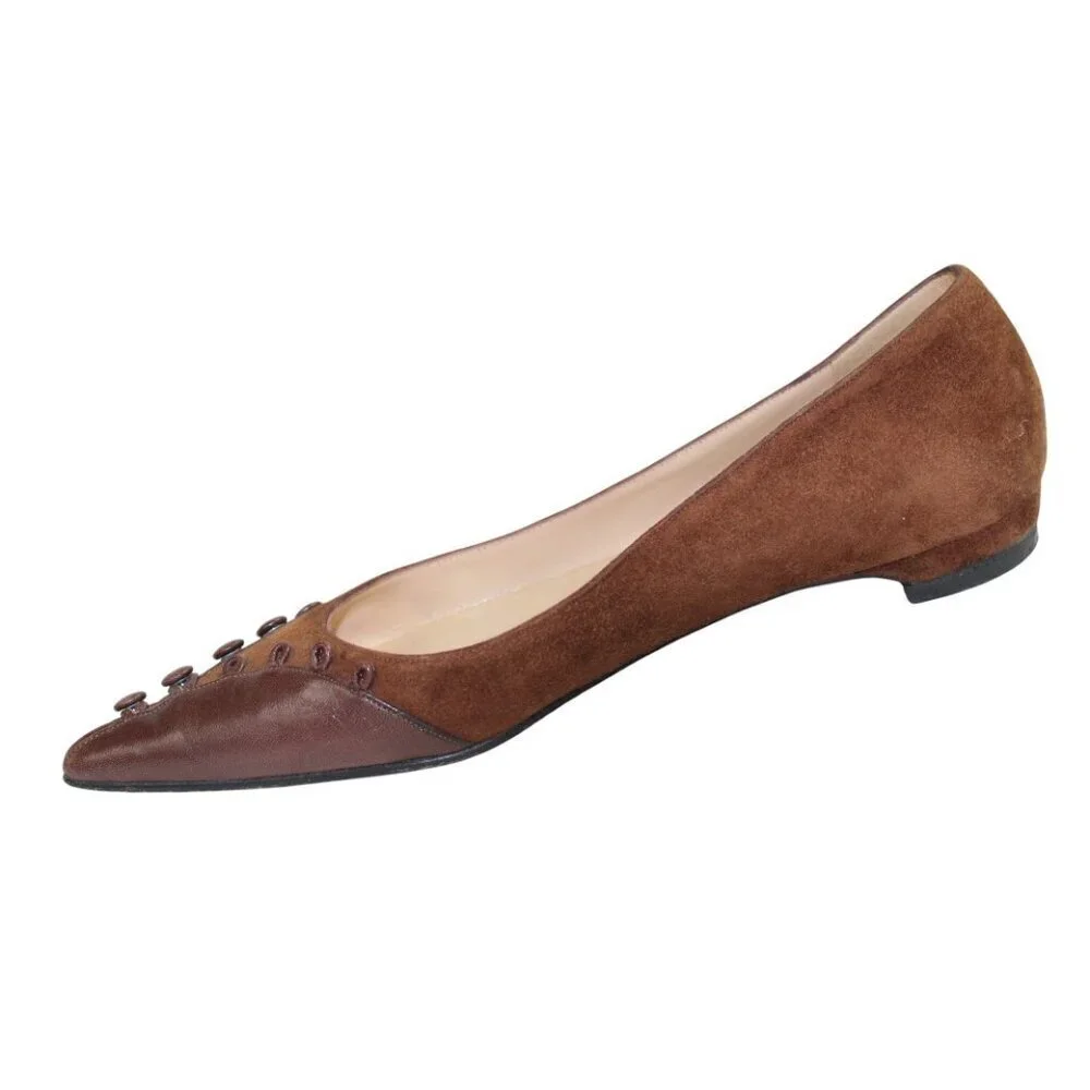 Christian Louboutin Brown Suede Leather Overlay Pointed-Toe Flats Button Detail